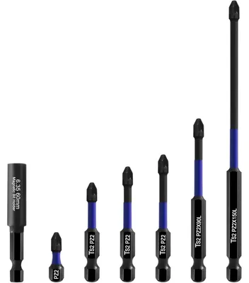 Immagine prodotto di Set di punte Pozidriv, 7 pezzi, con punta PZ2 e supporto magnetico da 60 mm, acciaio S2