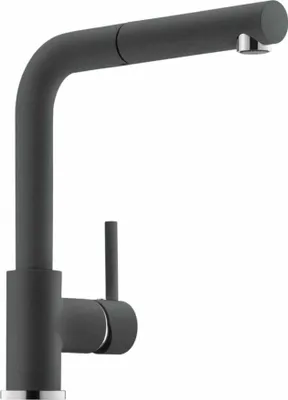 A dark gray kitchen faucet with a pull-out spout is shown against a white background.