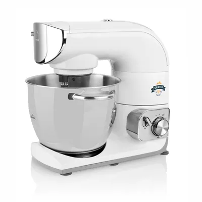 A white kitchen mixer with a silver bowl and accents, shown on a white background.