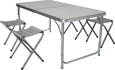 Produktbild von Linder Exclusiv Camping Set – Faltbarer Campingtisch mit 4 Hockern – höhenverstellbar –  kompakt & wetterfest - Aluminium – Koffertisch für 4 Personen - Weiss