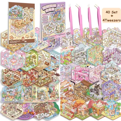 Imagen del producto de 40 sets de pegatinas 3D para crear casas, con 4 pinzas. Producto no tóxico y seguro. Terapia en miniatura 3D para niños y adultos. Set de 40 piezas