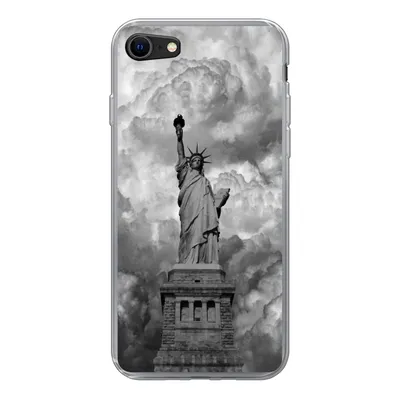 A black and white image of the Statue of Liberty on a phone case.