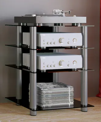 A multi-tiered audio equipment rack with a turntable on top and two audio receivers below, with a stack of CDs on the bottom shelf.