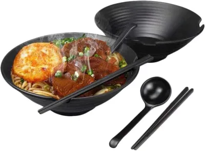 Produktbild von Ramen Schüssel Set 1100 ml - Suppenschüssel mit Löffel - Essstäbchen - Rutschfeste Außenseite - Spülmaschinenfest - Langlebig und Wärmeisolierend - Nudel-Schüssel