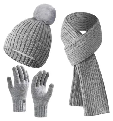 Produktbild von Winter-Set für Damen mit Mütze, Schal und Handschuhen – Hellgrau mit Pompon