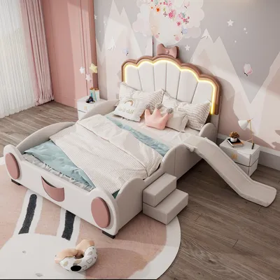 Produktbild von okwish Kinderbett Plattformbett 140×200 cm mit Leiter und Rutsche, Polsterbett Funktionelles für Mädchen, Doppelbett mit LED-Farbwechsellicht und Kopfteil in Schmetterlingform, rosa + weiß(Ohne Matratze)