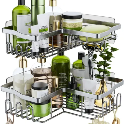 Produktbild von HapiRm Duschablage,Duschablage Ecke Duschregal Ohne Bohren Duschkorb mit 11 Haken Seifenschale und Rasiererhalter,Rostfrei,Badregal für Badezimmer Küche Dusche,6 Selbstklebend – Eck-silber