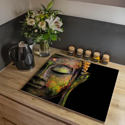 Zdjęcie produktu dla Dwuczęściowa płyta pokrywająca kuchenkę Banjado, każda o wymiarach 30 x 52 cm, z gumowymi podkładkami dystansowymi, szkło bezpieczne ESG z motywem „Kolorowy Budda” [HAP2 12103]