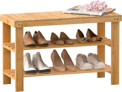 Image de Exabang banc à chaussures bambou 3 étagères 70x29x45cm naturel