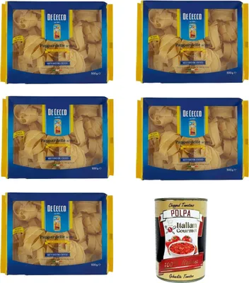 Produktbild von De Cecco Le Specialità Pappardelle N° 201, 100% Italienisch Pasta Nudeln 5x 500g + Italian Gourmet Polpa 400g