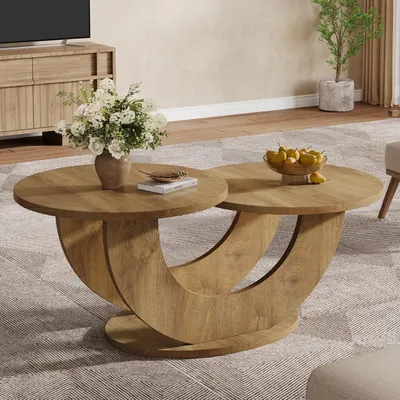 Immagine prodotto di Tavolino rotondo da salotto di 118 cm - Moderno tavolino da caffè con struttura a forma di U e finitura effetto legno di quercia