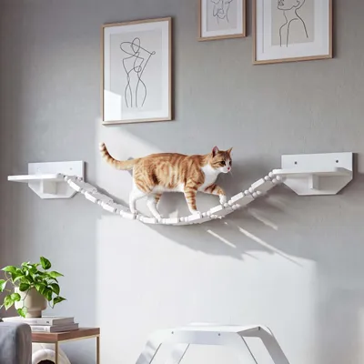 Produktbild von Kletterbrücke HWC-Q56, Katzenleiter Katzentreppe Hängebrücke Katzenbrücke Plattform, Holz  15x130x19cm  weiß