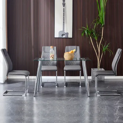 Productafbeelding van AIORBER schommelstoelen (set van 4), met rugleuning met ruitpatroon, verchroomd metalen frame, bekleed met kunstleer, afmetingen 40x40x96,5 cm, grijs