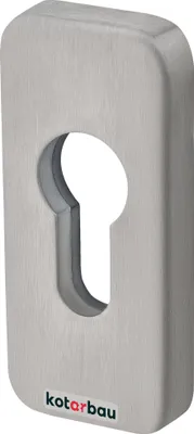 A silver-colored keyhole cover with a brushed metal finish and a cutout for a keyhole.