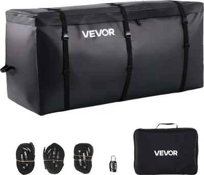 A black cargo bag with straps and the VEVOR logo, shown with accessories like straps and a lock.