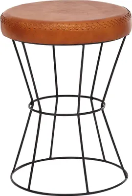 A brown leather stool with a black metal frame.