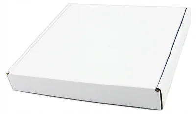 A white cardboard box is shown from a slightly elevated angle against a white background.