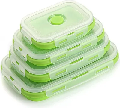 A stack of four green and clear collapsible silicone food storage containers with white lids.
