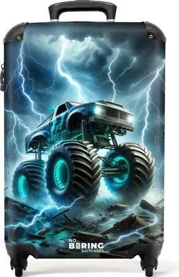 Obrázek produktu pro NoBoringSuitcases.com Dětský příruční kufr 55x35x20 cm, 36L, cool potisky pro kluky: Modrý - monster truck, kufr na 4 kolečkách