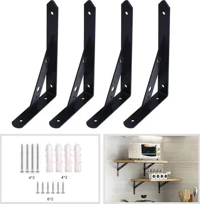 Obrázok produktu pre 4 čierne kovové držiaky na dosky, 250 mm, z masívnej ocele, na ťažké zaťaženie, montáž na stenu