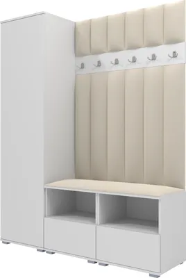Obrázok produktu pre Šatníková zostava Nela II LUX, čalúnená šatníková skriňa 150 cm s dvojitou lavicou, stenovými panelmi a úložným priestorom (farba: biela + Trinity 01)