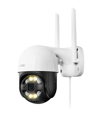 A white and black ZOSI security camera with two antennas is mounted on a white bracket against a white background.