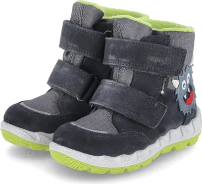 A pair of children's winter boots with a monster design.