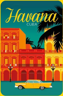 Produktbild von vianmo Holzschild 30x20 cm Havana Cuba Zeichnung gelbes Auto Abenteuer Reisen