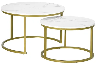 Productafbeelding van Moonbite salontafel, set van 2, rond, stapelbaar. Bijzettafel met marmerlook en gouden frame, verstelbare poten, draagvermogen van 15 kg per stuk, staal, wit