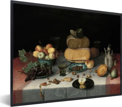 Produktbild von MuchoWow® Gerahmtes Poster Stilleben mit Käse - Kunstwerk - Alte Meister 40x30 cm - Poster mit Schwarzem Bilderrahmen Wandposter Rahmen Foto Bilder - Kunstposter - Wanddekorationen