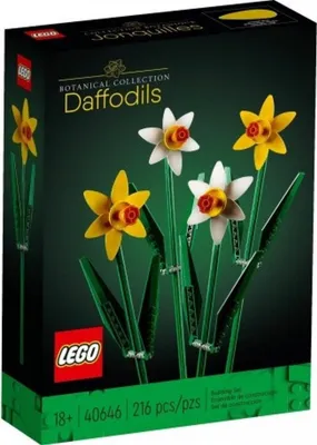The image shows the packaging of a LEGO Botanical Collection Daffodils building set.