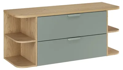 Imagen del producto de Conjunto de baño de 120 cm, color verde, con encimera de roble y estanterías abiertas