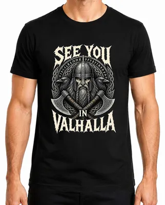 Imagen del producto de Camiseta "See You In Valhalla", diseño de guerrero vikingo, Odín, cuervos, mitología nórdica, "Señores". Color: . Talla: XL