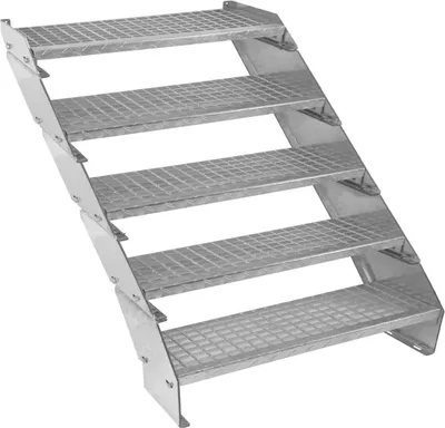 Produktbild von Verzinkter Stahl Treppe 5 Stufen | Erweiterbar mit zusätzlicher Gitterrost-Stufen & Höhenverstellbar | Wetterfest, Robust & Modular | für Außen Garten Terrasse | GRATIS Befestigungssatz [90cm breit]