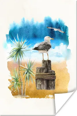 Produktbild von MuchoWow® Poster Vogel - Baum - Strand - Aquarell 40x60 cm - Plakate für die Wand - Poster Babyzimmer