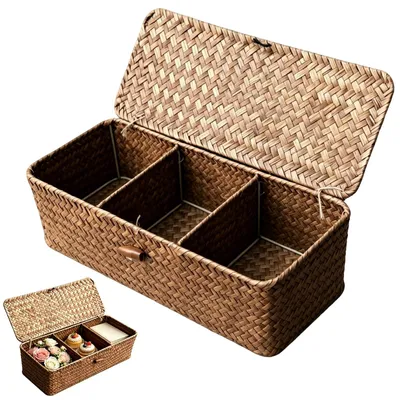Produktbild von Seegras Aufbewahrungskorb mit Deckel, 32 x 12 x 10,5 cm, 3-fach, handgeflochten, für die Küche
