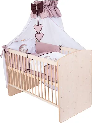 Produktbild von KMbaby Babybett K2 gelb Naturholzfarbe 120x60 mit 10tlg Bettwäsche Set Matratze Gitterbett Teddybär auf dem Mond braun