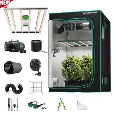 Immagine prodotto di Kit per grow box - Set completo per coltivazione indoor - 120 x 120 x 200 cm - Lampada LED a spettro completo - Regolabile in intensità - Ventilatore a clip - Sistema di ventilazione con filtro a carbone attivo