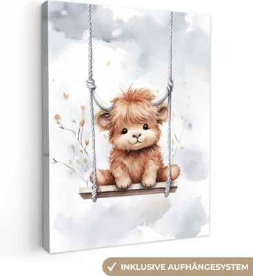 Produktbild von MuchoWow® - Leinwandbilder - Schottischer Hochländer - Tier - Kinder, Wandbild, Wanddeko Bilder Wohnzimmer, 60x80 cm