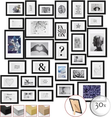 Produktbild von 30er Bilderrahmen Set Fotorahmen Collage aus Holz mit Passepartout, Schwarz