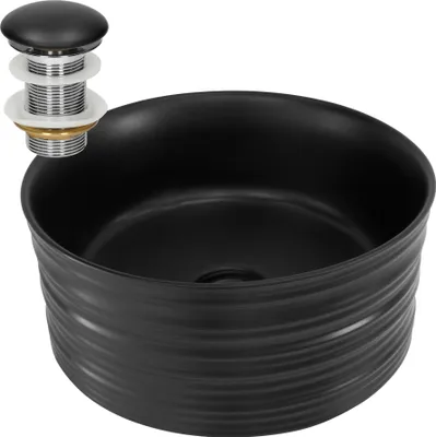 Produktbild von LuxeBath Waschbecken Aufsatzwaschbecken Rund, Ø 41x18 cm, Schwarz, aus Keramik, inkl. Ablaufgarnitur ohne Überlauf