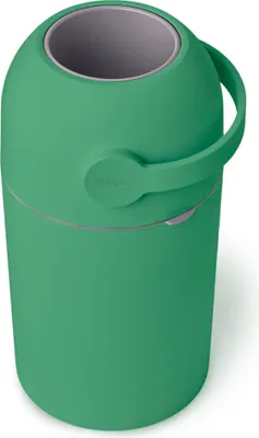 A green diaper pail with a gray interior and a handle.