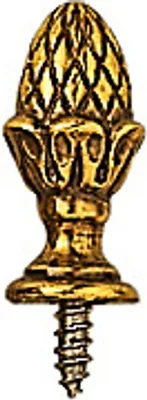 A close-up studio shot of a decorative brass finial shaped like a pinecone, attached to a screw.