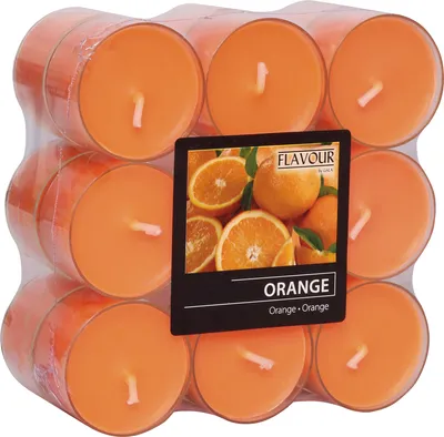 Produktbild von Gala Kerzen, 18er Pack Duftteelichter, orange, Paraffin/Palmöl, mit Polycarbonat-Hülle, Ø 38 mm, H 24 mm, ca. 6 Std., erfrischend-fruchtiges Aroma