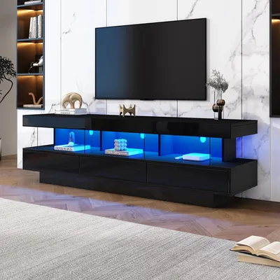 Image de Meuble TV - Meuble pour Smart TV - 3 compartiments en verre - Éclairage LED - Contrôle via application - Bluetooth - Finition haute brillance - Noir