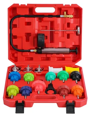 Produktbild von Kühlsystemtester Druckprüfer Kühlerdrucktester - 18-teilig mit 13 Kühleradaptern - Kunststoffkoffer - Für Pkw und Lkw