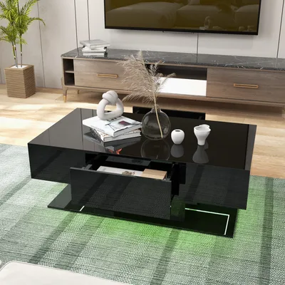 Produktbild von GOPLUS Couchtisch LED Beleuchtung, Wohnzimmertisch Hochglanz mit 2 Schubladen, Sofatisch mit 20 verstellbaren Lichtfarben & Einstellbarer Helligkeit