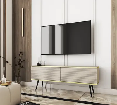 Produktbild von TV-Schrank Blum Oro MDF Beige 135 Beine Schwarz – Standmöbel zur Selbstmontage – Moderner, modischer Stil – Funktionalität – Lieferung nach Hause per Kurier