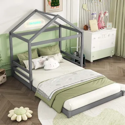 Immagine prodotto di Letto per bambini AIORBER, 140 x 200 cm, struttura stabile, con rete a doghe, in pino e MDF, design moderno a capanna, facile da montare, rosa (senza materasso)