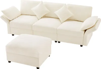 Produktbild von Ecksofa mit Hocker, Zierkissen und Rückenlehnen, L-Form, Armlehnen verstellbar, inkl. Federkern, Polstersofa, Loungesofa, Chenille